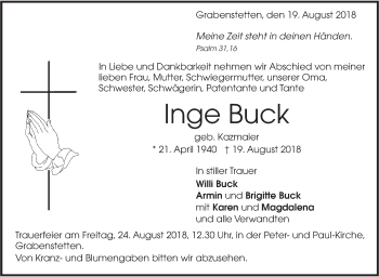 Traueranzeige von Inge Buck von Alb-Bote/Metzinger-Uracher Volksblatt