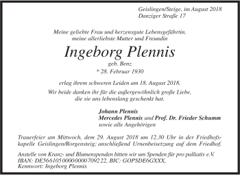 Traueranzeige von Ingeborg Plennis von Geislinger Zeitung