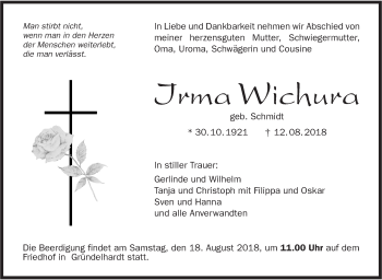 Traueranzeige von Irma Wichura von Hohenloher Tagblatt