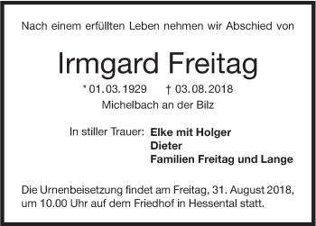 Traueranzeige von Irmgard Freitag von Haller Tagblatt