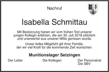 Traueranzeige von Isabella Schmittau von SÜDWEST PRESSE Ausgabe Ulm/Neu-Ulm