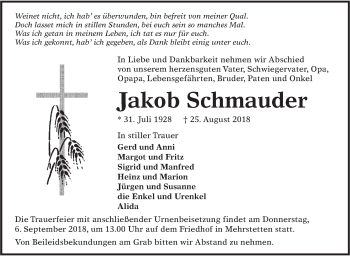 Traueranzeige von Jakob Schmauder von Alb-Bote/Metzinger-Uracher Volksblatt