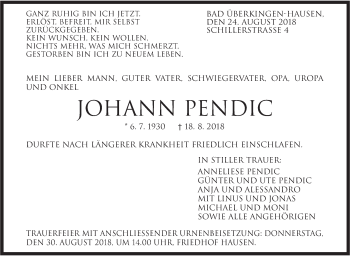 Traueranzeige von Johann Pendic von Geislinger Zeitung