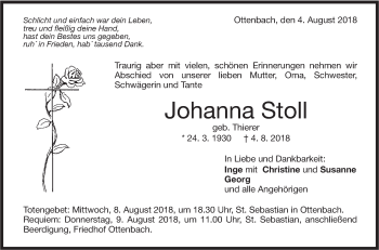 Traueranzeige von Johanna Stoll von NWZ Neue Württembergische Zeitung/Geislinger Zeitung