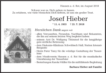 Traueranzeige von Josef Hieber von Rundschau Gaildorf