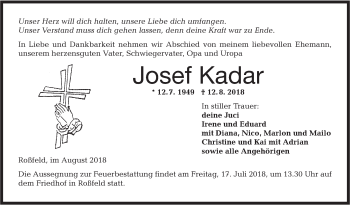 Traueranzeige von Josef Kadar von Hohenloher Tagblatt