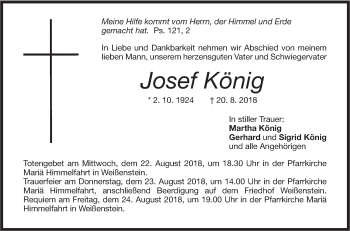 Traueranzeige von Josef König von NWZ Neue Württembergische Zeitung