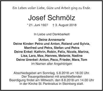 Traueranzeige von Josef Schmölz von SÜDWEST PRESSE Ausgabe Ulm/Neu-Ulm