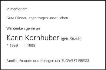 Traueranzeige von Karin Kornhuber von SÜDWEST PRESSE Ausgabe Ulm/Neu-Ulm