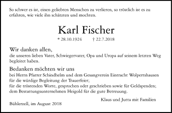 Traueranzeige von Karl Fischer von Haller Tagblatt