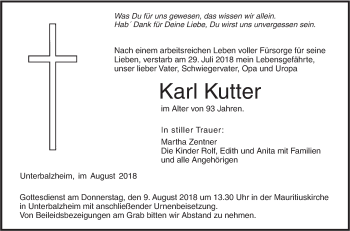 Traueranzeige von Karl Kutter von Illertal Bote