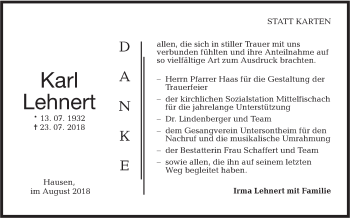 Traueranzeige von Karl Lehnert von Haller Tagblatt