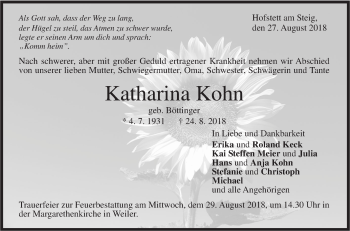 Traueranzeige von Katharina Kohn von Geislinger Zeitung