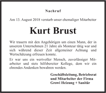 Traueranzeige von Kurt Brust von Haller Tagblatt