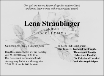 Traueranzeige von Lena Straubinger von Hohenzollerische Zeitung