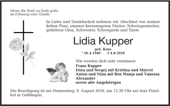 Traueranzeige von Lidia Kupper von Haller Tagblatt