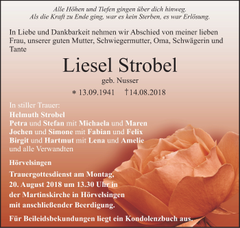 Traueranzeige von Liesel Strobel von SÜDWEST PRESSE Ausgabe Ulm/Neu-Ulm