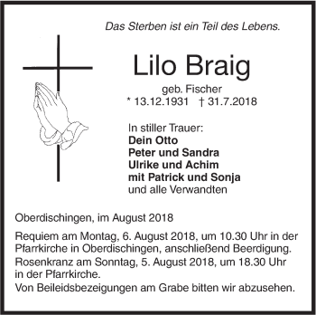 Traueranzeige von Lilo Braig von Ehinger Tagblatt