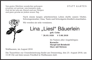 Traueranzeige von Lina Bäuerlein von Hohenloher Tagblatt