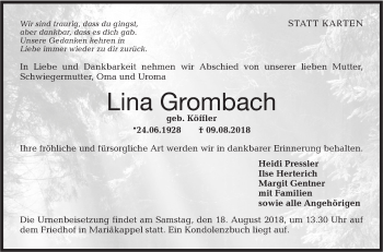 Traueranzeige von Lina Grombach von Hohenloher Tagblatt