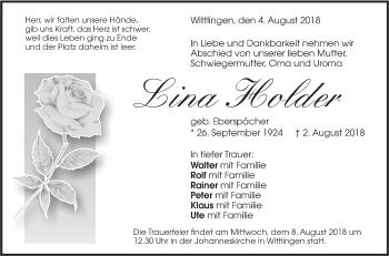 Traueranzeige von Lina Holder von Metzinger-Uracher Volksblatt