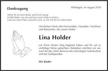 Traueranzeige von Lina Holder von Metzinger-Uracher Volksblatt