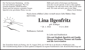 Traueranzeige von Lina Ilgenfritz von Hohenloher Tagblatt