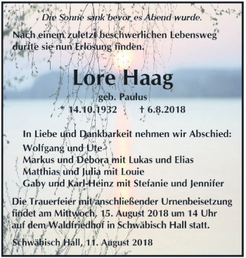 Traueranzeige von Lore Haag von Haller Tagblatt