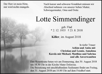 Traueranzeige von Lotte Simmendinger von Hohenzollerische Zeitung