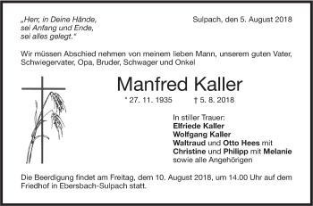 Traueranzeige von Manfred Kaller von NWZ Neue Württembergische Zeitung