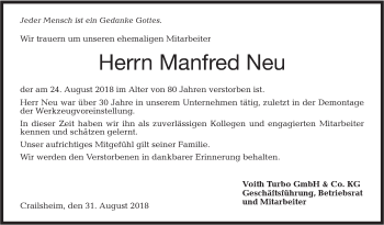 Traueranzeige von Manfred Neu von Hohenloher Tagblatt