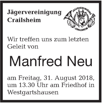 Traueranzeige von Manfred Neu von Hohenloher Tagblatt