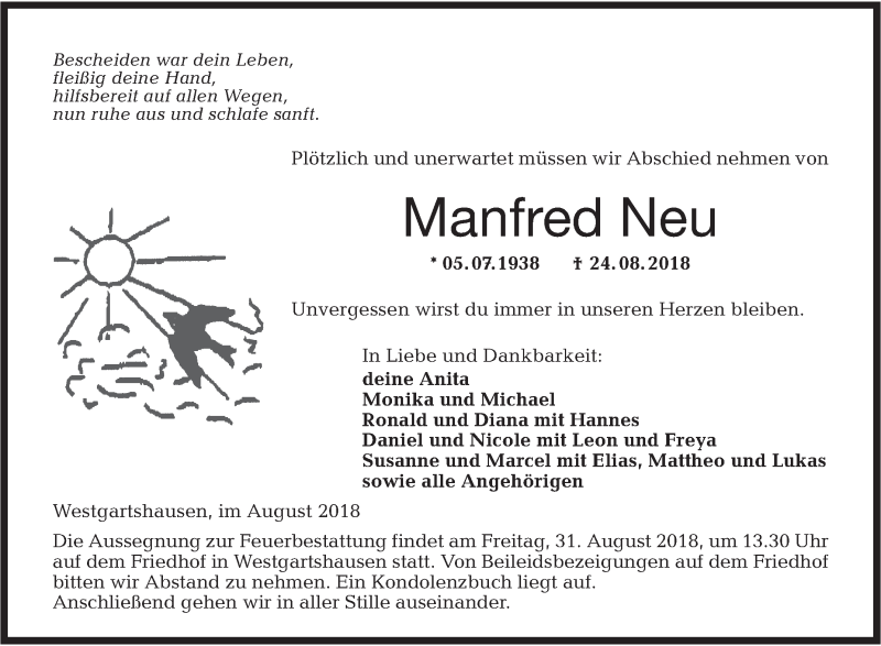  Traueranzeige für Manfred Neu vom 29.08.2018 aus Hohenloher Tagblatt