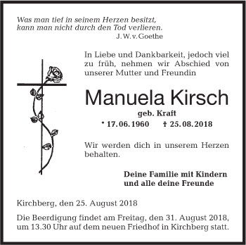 Traueranzeige von Manuela Kirsch von Hohenloher Tagblatt