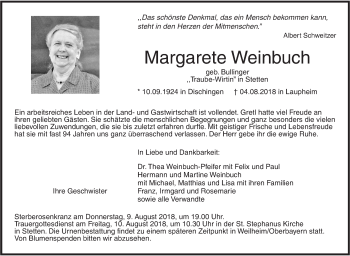 Traueranzeige von Margarete Weinbuch von SÜDWEST PRESSE Ausgabe Ulm/Neu-Ulm