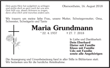 Traueranzeige von Maria Grundmann von Haller Tagblatt
