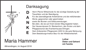 Traueranzeige von Maria Hammer von Ehinger Tagblatt