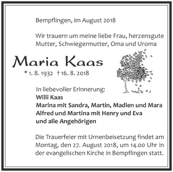 Traueranzeige von Maria Kaas von Metzinger-Uracher Volksblatt