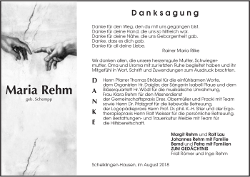 Traueranzeige von Maria Rehm von SÜDWEST PRESSE Ausgabe Ulm/Neu-Ulm