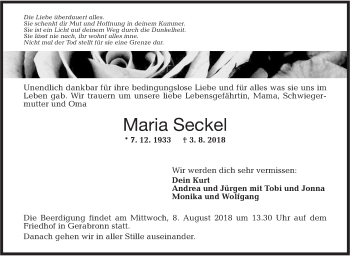 Traueranzeige von Maria Seckel von Hohenloher Tagblatt