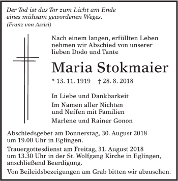 Traueranzeige von Maria Stokmaier von Alb-Bote/Metzinger-Uracher Volksblatt