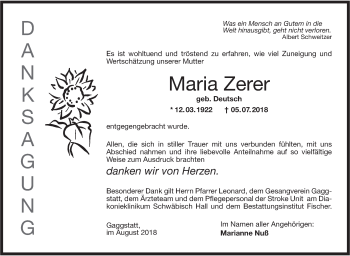 Traueranzeige von Maria Zerer von Hohenloher Tagblatt