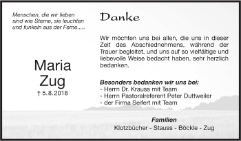 Traueranzeige von Maria Zug von Hohenzollerische Zeitung