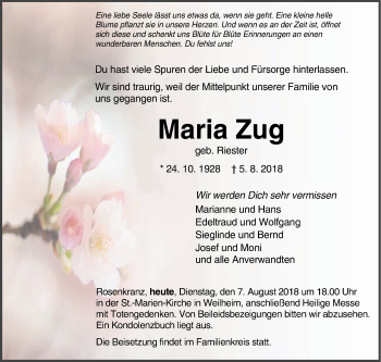 Traueranzeige von Maria Zug von Hohenzollerische Zeitung