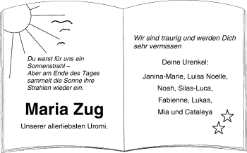 Traueranzeige von Maria Zug von Hohenzollerische Zeitung