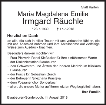 Traueranzeige von Maria Magdalena Emilie Irmgard Räuchle von SÜDWEST PRESSE