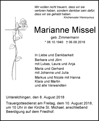 Traueranzeige von Marianne Missel von SÜDWEST PRESSE Ausgabe Ulm/Neu-Ulm