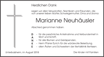 Traueranzeige von Marianne Neuhäusler von Illertal Bote