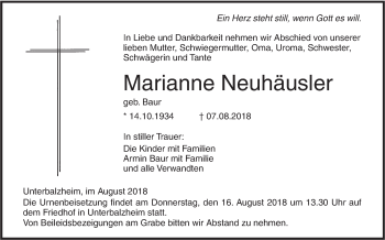 Traueranzeige von Marianne Neuhäusler von Illertal Bote