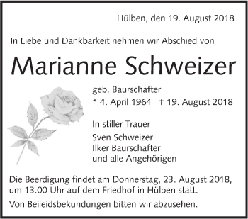 Traueranzeige von Marianne Schweizer von Alb-Bote/Metzinger-Uracher Volksblatt